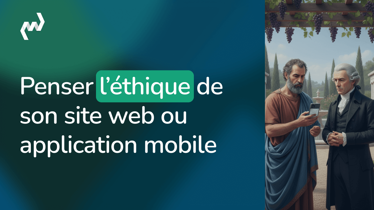 Illustration article Penser l'éthique de son site web ou application mobile avec deux philosophes regardant un smartphone