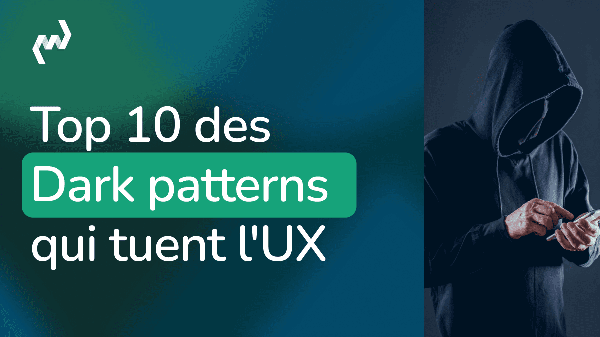 Illustration article top 10 des dark patterns qui tuent l'UX avec personne encapuchonnée utilisant un smartphone