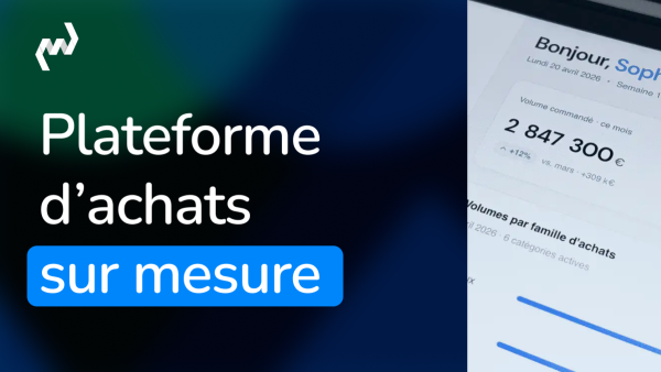 French promotional hero for a customizable purchasing platform: large text 'Plateforme d’achats sur mesure' with a blue 'sur mesure' button on a dark gradient, logo top-left, and a tilted device screen showing a dashboard on the right.