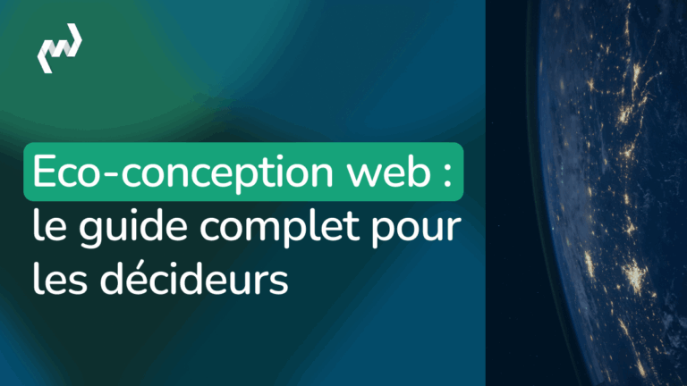 Hero banner promoting an eco-friendly web design guide for decision-makers; French title reads 'Eco-conception web : le guide complet pour les décideurs' with a green label background and a space-earth image on the right.