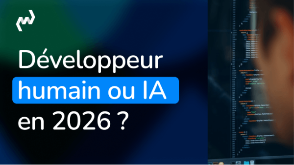 Développeur ou IA Visuel comparant développeur humain et IA en 2026 avec écran de code en arrière-plan et silhouette de programmeur.