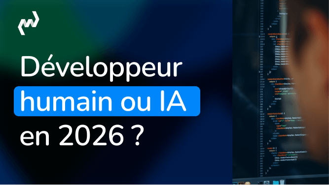 Visuel comparant développeur humain et IA en 2026 avec écran de code en arrière-plan et silhouette de programmeur.