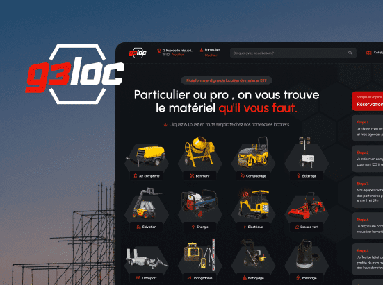 Plateforme en ligne G3Loc de location de matériel BTP pour particuliers et professionnels avec catégories d'équipements.