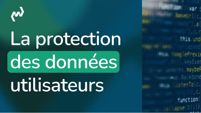 Bannière sur la protection des données utilisateurs avec code informatique en arrière-plan sur fond vert et bleu.