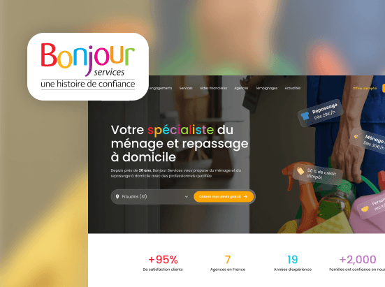 Site web Bonjour Services, spécialiste du ménage et repassage à domicile depuis 20 ans avec 95% de satisfaction clients.
