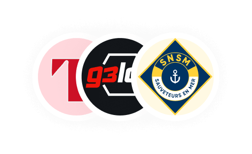 Logos partenaires : marque rouge, 93lo et SNSM Sauveteurs en Mer sur fond blanc.