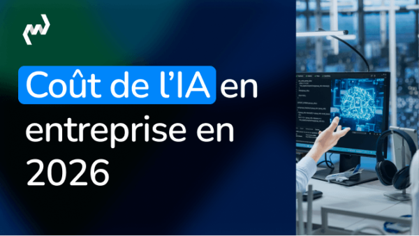 Illustration article sur le coût de l'IA en entreprise en 2026 avec écran affichant un cerveau numérique et main d'utilisateur