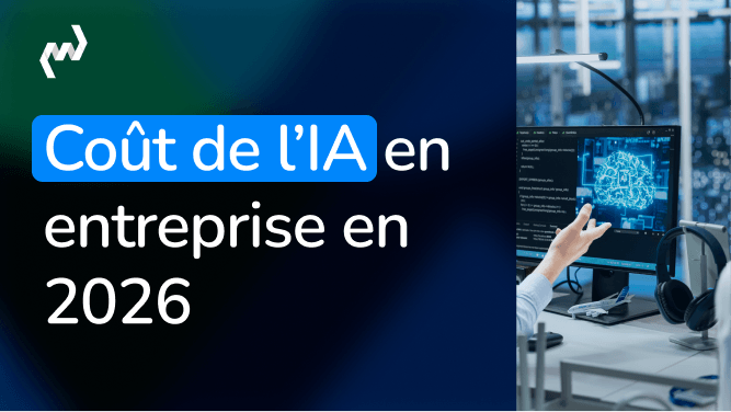 Illustration article sur le coût de l'IA en entreprise en 2026 avec écran affichant un cerveau numérique et main d'utilisateur