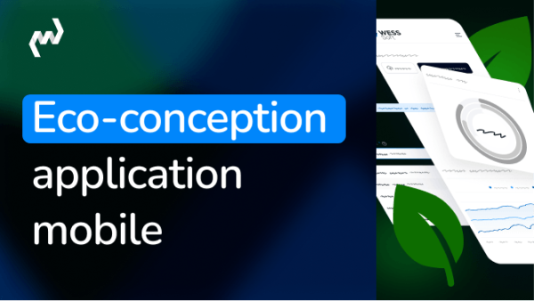 Eco-conception mobile Illustration éco-conception application mobile avec smartphone affichant tableau de bord analytique et feuilles vertes symbolisant écologie