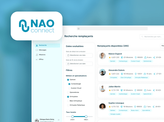 Interface NAO Connect affichant la recherche de remplaçants médicaux avec filtres par spécialité et liste de professionnels disponibles.